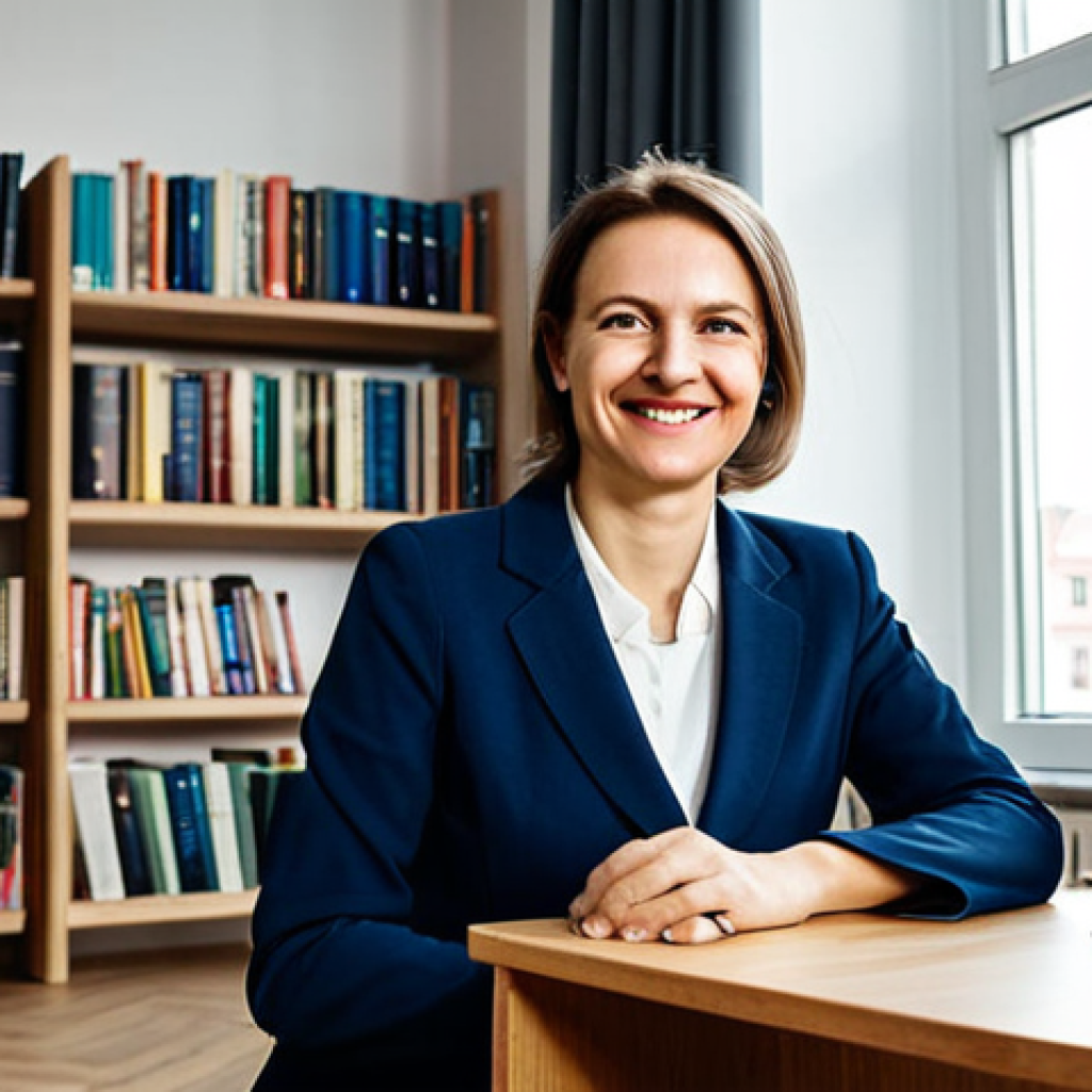 **
"A successful Polish psychologist in her late 30s, wearing a professional, modest dress suit (perhaps navy or grey), sits comfortably in a bright, modern office in Warsaw. Bookshelves line the wall behind her, filled with psychology textbooks and framed diplomas. Sunlight streams in through a large window overlooking a bustling city street. She has a warm, approachable smile. Safe for work, appropriate content, fully clothed, professional, perfect anatomy, correct proportions, natural pose, high quality photography."
**