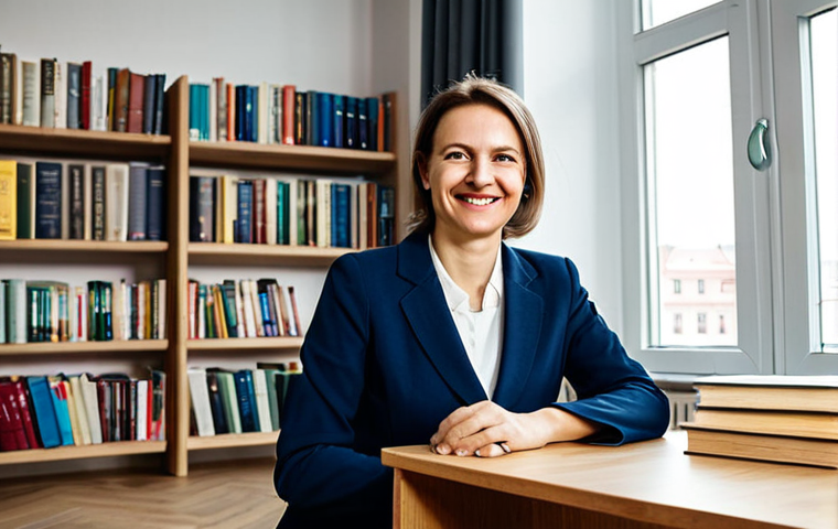 **
"A successful Polish psychologist in her late 30s, wearing a professional, modest dress suit (perhaps navy or grey), sits comfortably in a bright, modern office in Warsaw. Bookshelves line the wall behind her, filled with psychology textbooks and framed diplomas. Sunlight streams in through a large window overlooking a bustling city street. She has a warm, approachable smile. Safe for work, appropriate content, fully clothed, professional, perfect anatomy, correct proportions, natural pose, high quality photography."
**