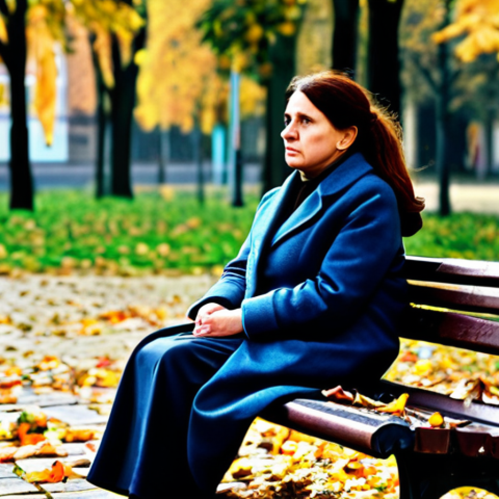 Woman seeking help**

"A woman in a fully clothed, modest winter coat, sitting alone on a park bench in Warsaw, Poland, looking distressed. Autumn leaves are scattered around. The background is blurred, showing apartment buildings. Safe for work, appropriate content, professional photograph, perfect anatomy, natural proportions, family-friendly."

**