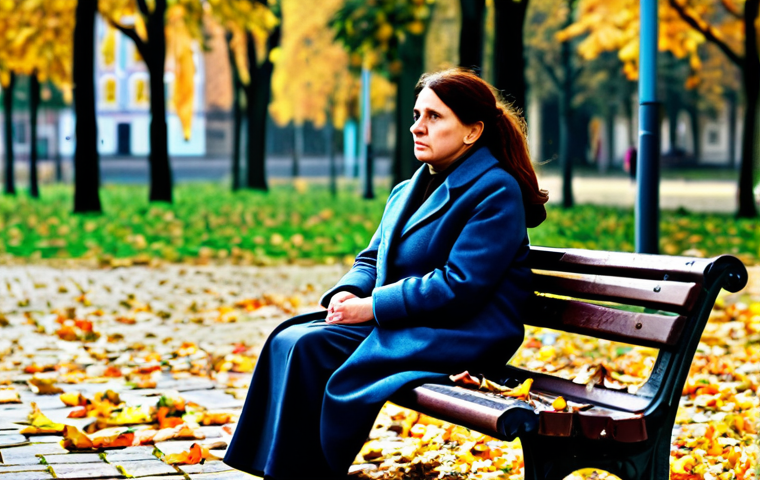 Woman seeking help**

"A woman in a fully clothed, modest winter coat, sitting alone on a park bench in Warsaw, Poland, looking distressed. Autumn leaves are scattered around. The background is blurred, showing apartment buildings. Safe for work, appropriate content, professional photograph, perfect anatomy, natural proportions, family-friendly."

**