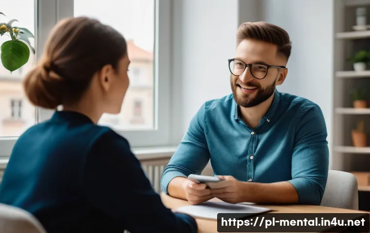 정신건강 상담사 자격증 시험 준비 - A modern therapy session scene set in a cozy, well-lit office in Poland, featuring a professional th...
