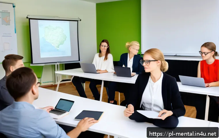 정신건강 전문가 직무별 훈련 과정 - A modern mental health training workshop scene set in a bright, contemporary Polish classroom with d...