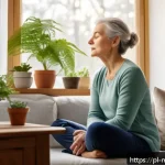 Home 20 정신건강 관련 실습 및 훈련 - A serene indoor scene showing a middle-aged Polish woman practicing diaphragmatic breathing in a coz...