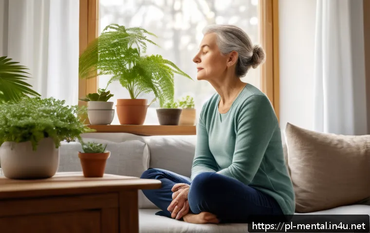 정신건강 관련 실습 및 훈련 - A serene indoor scene showing a middle-aged Polish woman practicing diaphragmatic breathing in a coz...