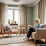 Home 19 정신건강 전문가 이론적 분석 - A warm, inviting therapy room set in a modern Polish apartment, featuring a comfortable armchair and...