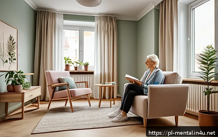 정신건강 전문가 이론적 분석 - A warm, inviting therapy room set in a modern Polish apartment, featuring a comfortable armchair and...