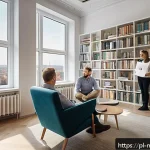 Home 23 정신건강 전문가 연봉 협상 시 고려사항 - A professional psychologist in a modern Polish urban office setting, dressed in smart casual attire,...