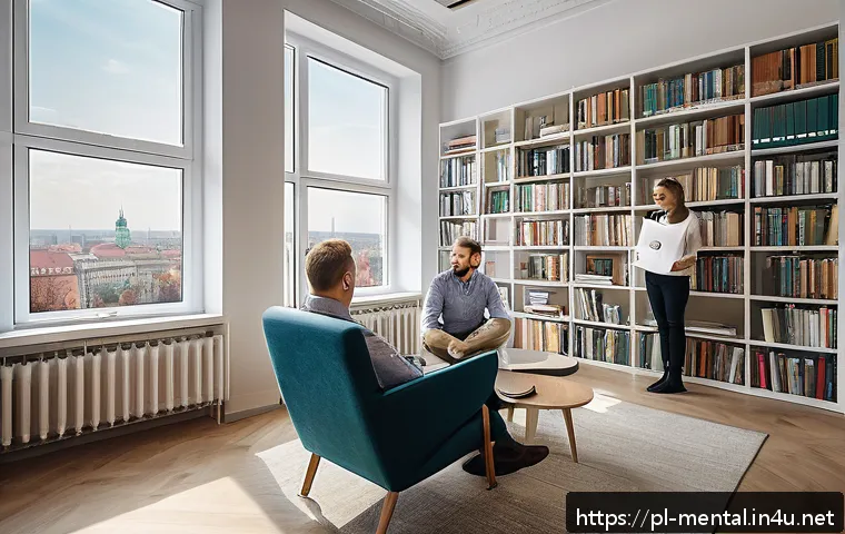 정신건강 전문가 연봉 협상 시 고려사항 - A professional psychologist in a modern Polish urban office setting, dressed in smart casual attire,...