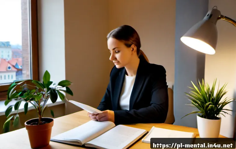 Home 17 정신건강 상담사 업무일기 - Photorealistic mental health counselor at a calm Warsaw office desk after a client session, thoughtf...