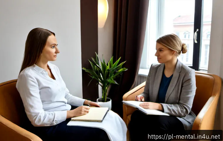 Home 17 정신건강 전문가의 실무와 이론적 접근 - Photorealistic mental health professional conducting a compassionate counseling session with an adul...