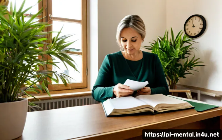 정신건강 전문가의 업무 일지 - Photorealistic mental health professional’s work journal scene in a calm Polish counseling office, a...